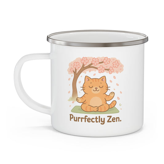 Purrfectly Zen Enamel Camping Mug - Cute Cat Design for Outdoor Enthusiasts
