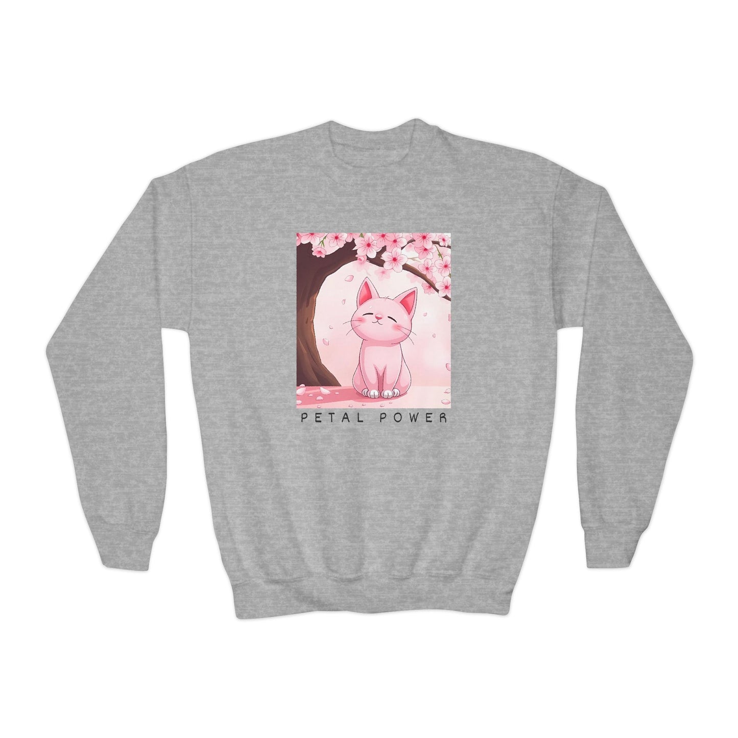 Petal Power Youth Crewneck Sweatshirt - Cute Cat Design for Spring Celebrations-Sakura flowers and Pink Anime Cat