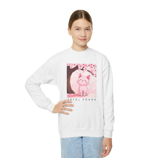 Petal Power Youth Crewneck Sweatshirt - Cute Cat Design for Spring Celebrations-Sakura flowers and Pink Anime Cat