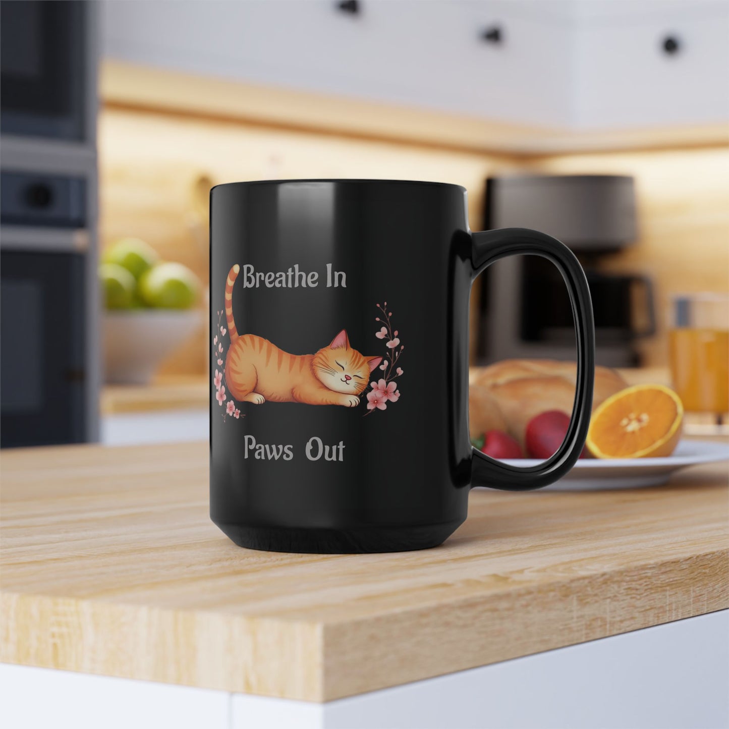 "Breathe In Paws Out" Orange Cat Mug, 15oz