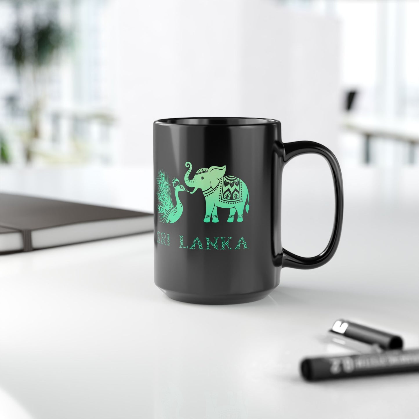 Elephant and Peacock Sri Lanka Design Black Mug-Unique Gift for Tea Lovers as Travel Souvenir / Eco-Friendly Drinkware