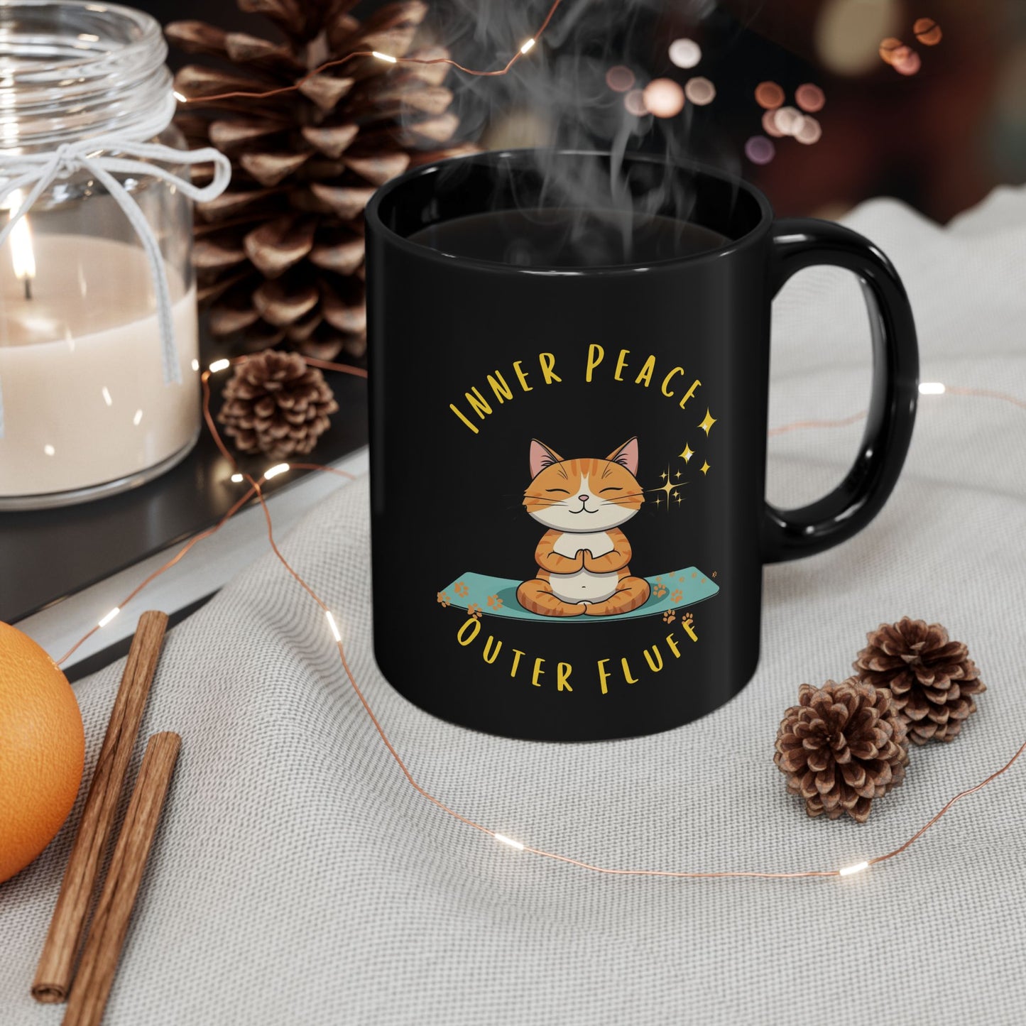 Inner Peace, Outer Fluff Cat-Themed Black Mug-Meditation Gift for Cat Lovers