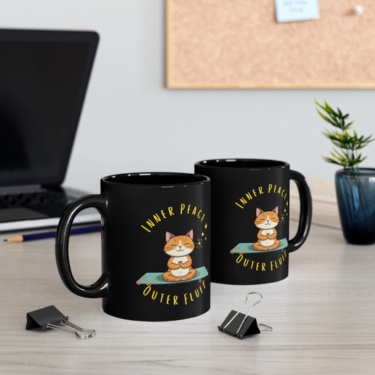 Inner Peace, Outer Fluff Cat-Themed Black Mug-Meditation Gift for Cat Lovers
