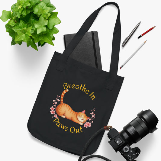 Breathe In, Paws Out Funny Orange Cat Yoga Pose Organic Canvas Tote Bag