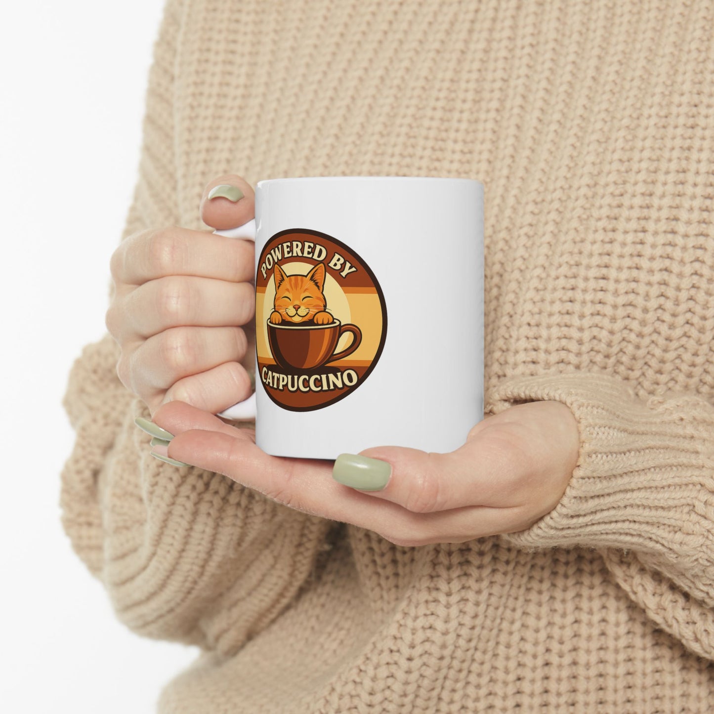 Powered by Catppuccino Coffee Lovers White Ceramic Mug, Cute Coffee Cup for Home, Office or Gift