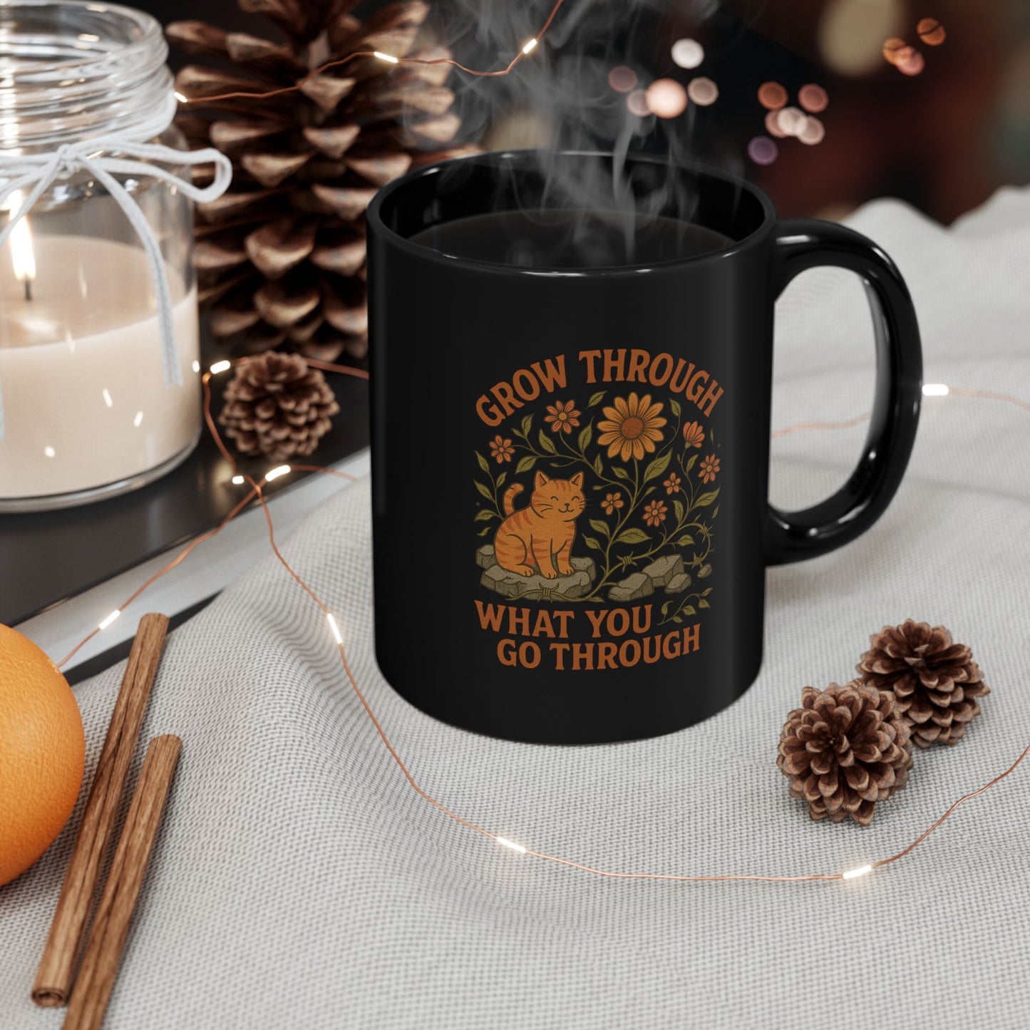 Grow Through What You Go Through Motivational Black Ceramic Cat Mug