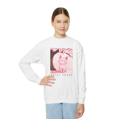 Petal Power Youth Crewneck Sweatshirt - Cute Cat Design for Spring Celebrations-Sakura flowers and Pink Anime Cat