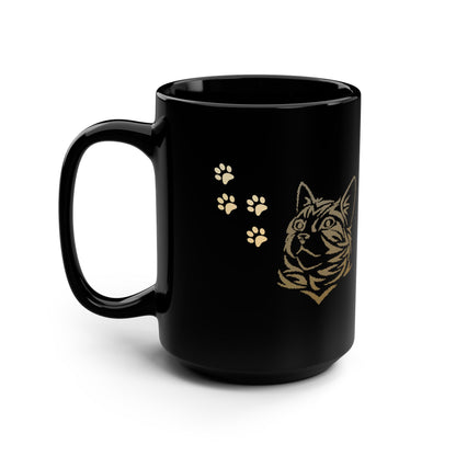 Cat with Paw Prints Black Ceramic Coffee/Tea 15oz Mug for Cat Lovers