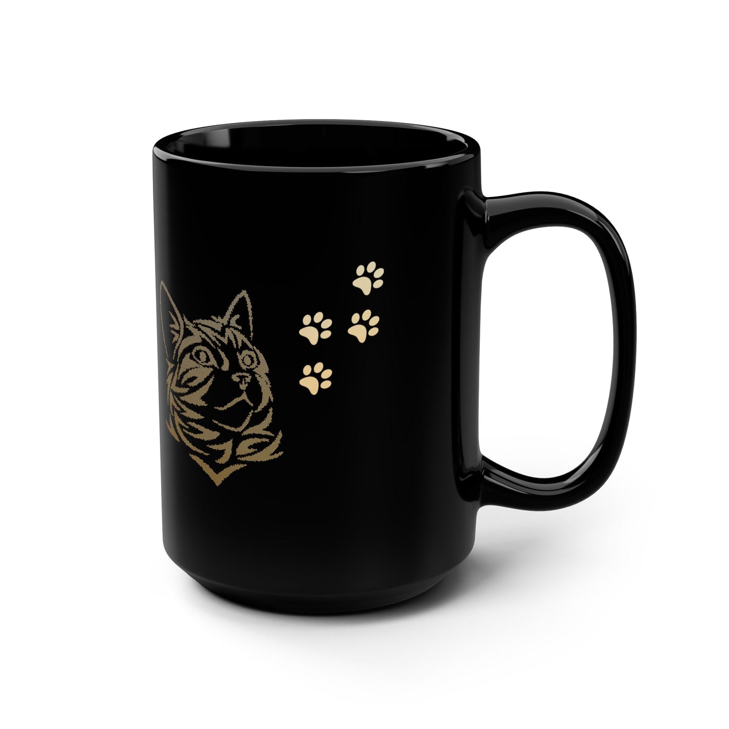 Cat with Paw Prints Black Ceramic Coffee/Tea 15oz Mug for Cat Lovers