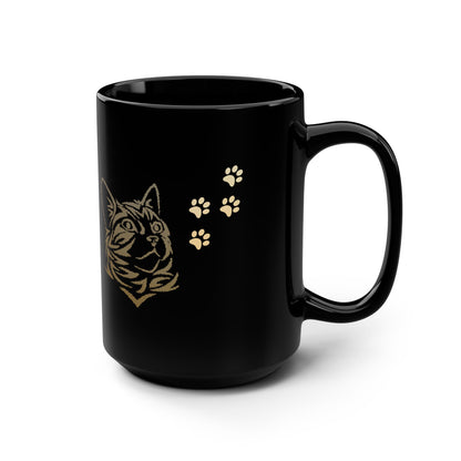Cat with Paw Prints Black Ceramic Coffee/Tea 15oz Mug for Cat Lovers