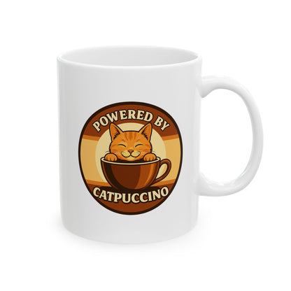 Powered by Catppuccino Coffee Lovers White Ceramic Mug, Cute Coffee Cup for Home, Office or Gift
