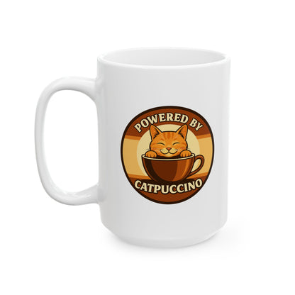 Powered by Catppuccino Coffee Lovers White Ceramic Mug, Cute Coffee Cup for Home, Office or Gift