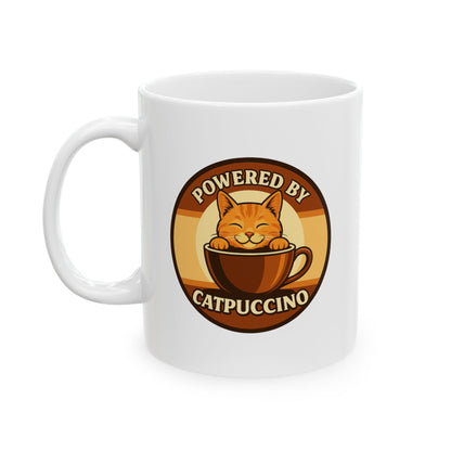 Powered by Catppuccino Coffee Lovers White Ceramic Mug, Cute Coffee Cup for Home, Office or Gift