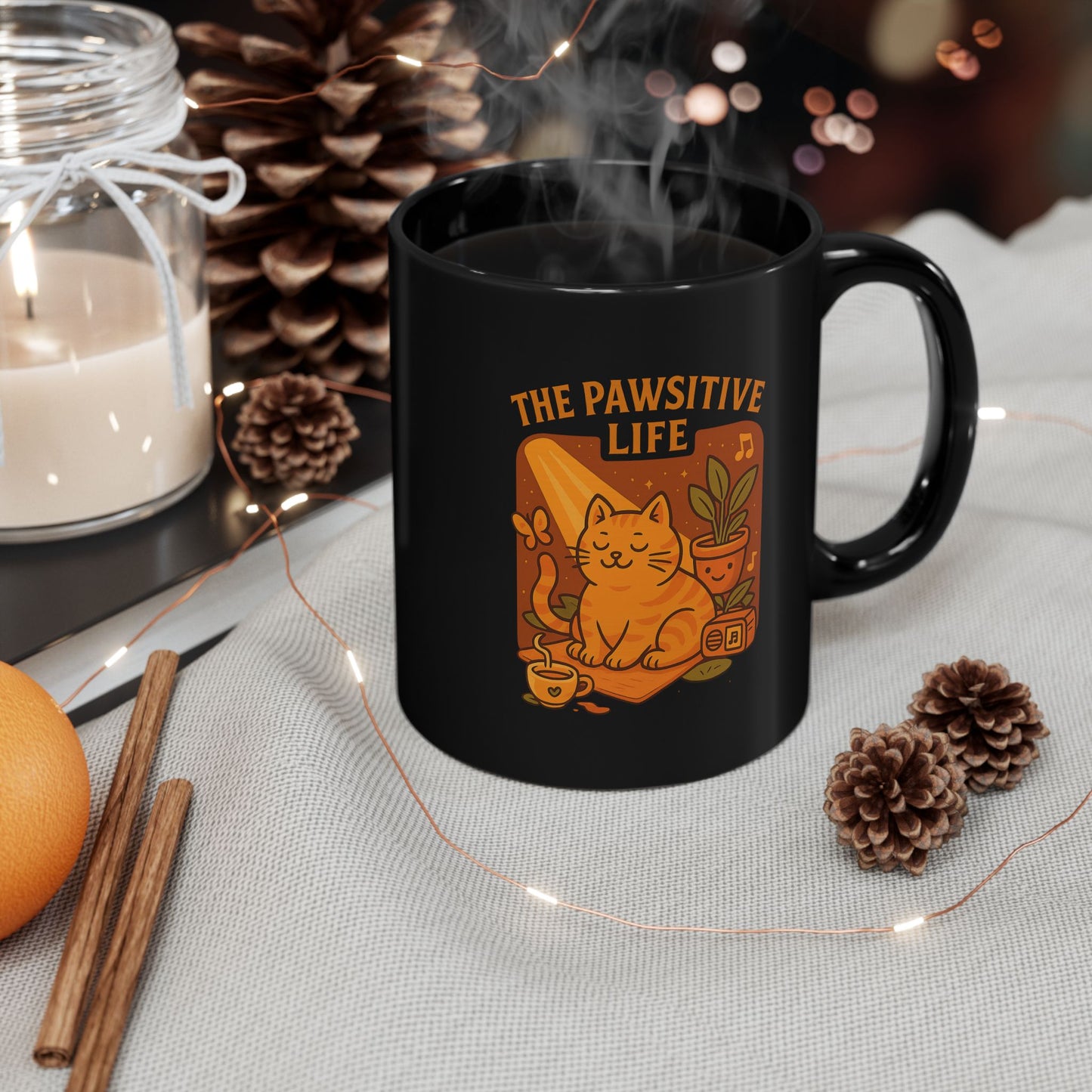 Pawsitive Life Cute Cat-Themed Black Mug, Positive Vibes Coffee Cup