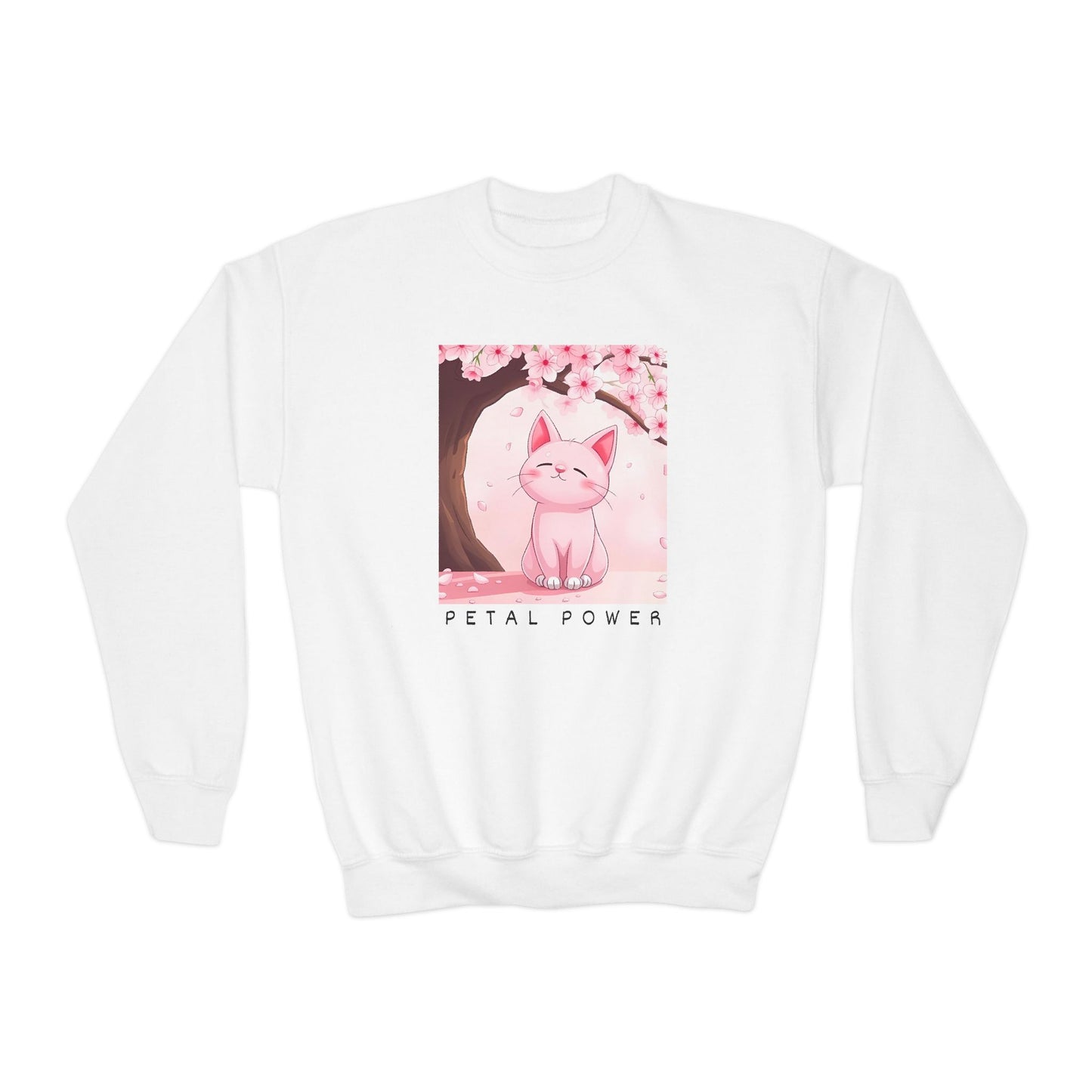 Petal Power Youth Crewneck Sweatshirt - Cute Cat Design for Spring Celebrations-Sakura flowers and Pink Anime Cat