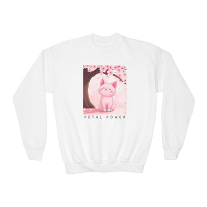 Petal Power Youth Crewneck Sweatshirt - Cute Cat Design for Spring Celebrations-Sakura flowers and Pink Anime Cat