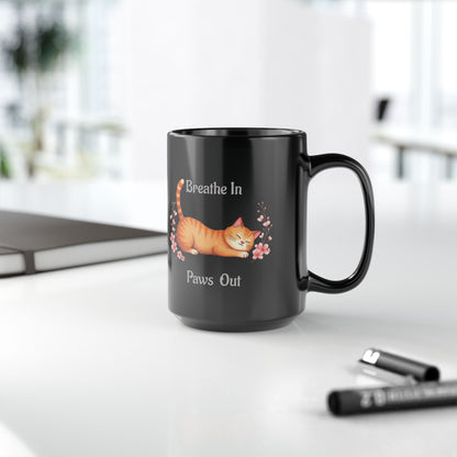 "Breathe In Paws Out" Orange Cat Mug, 15oz