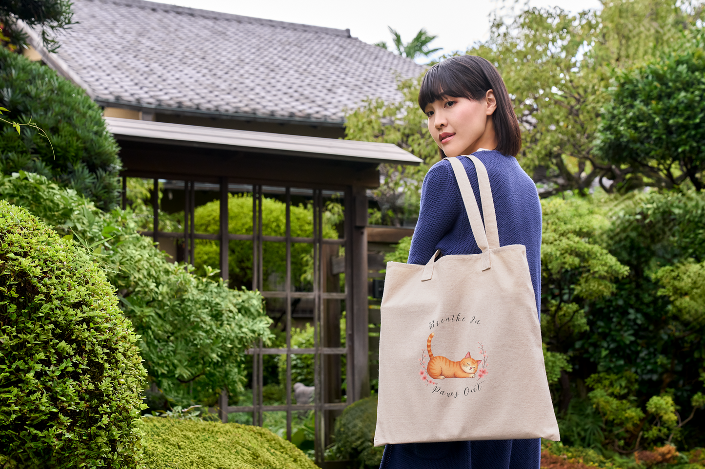 Breathe In, Paws Out Funny Orange Cat Yoga Pose Organic Canvas Tote Bag