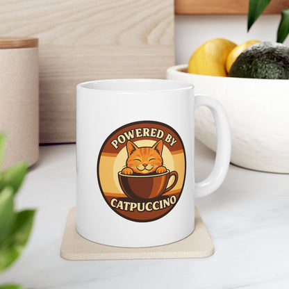 Powered by Catppuccino Coffee Lovers White Ceramic Mug, Cute Coffee Cup for Home, Office or Gift