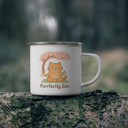Purrfectly Zen Enamel Camping Mug - Cute Cat Design for Outdoor Enthusiasts