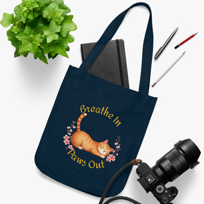 Breathe In, Paws Out Funny Orange Cat Yoga Pose Organic Canvas Tote Bag