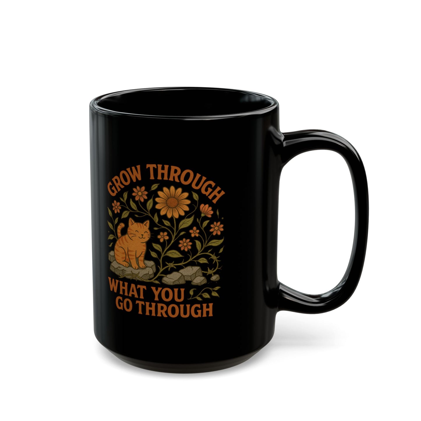 Grow Through What You Go Through Motivational Black Ceramic Cat Mug