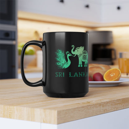Elephant and Peacock Sri Lanka Design Black Mug-Unique Gift for Tea Lovers as Travel Souvenir / Eco-Friendly Drinkware