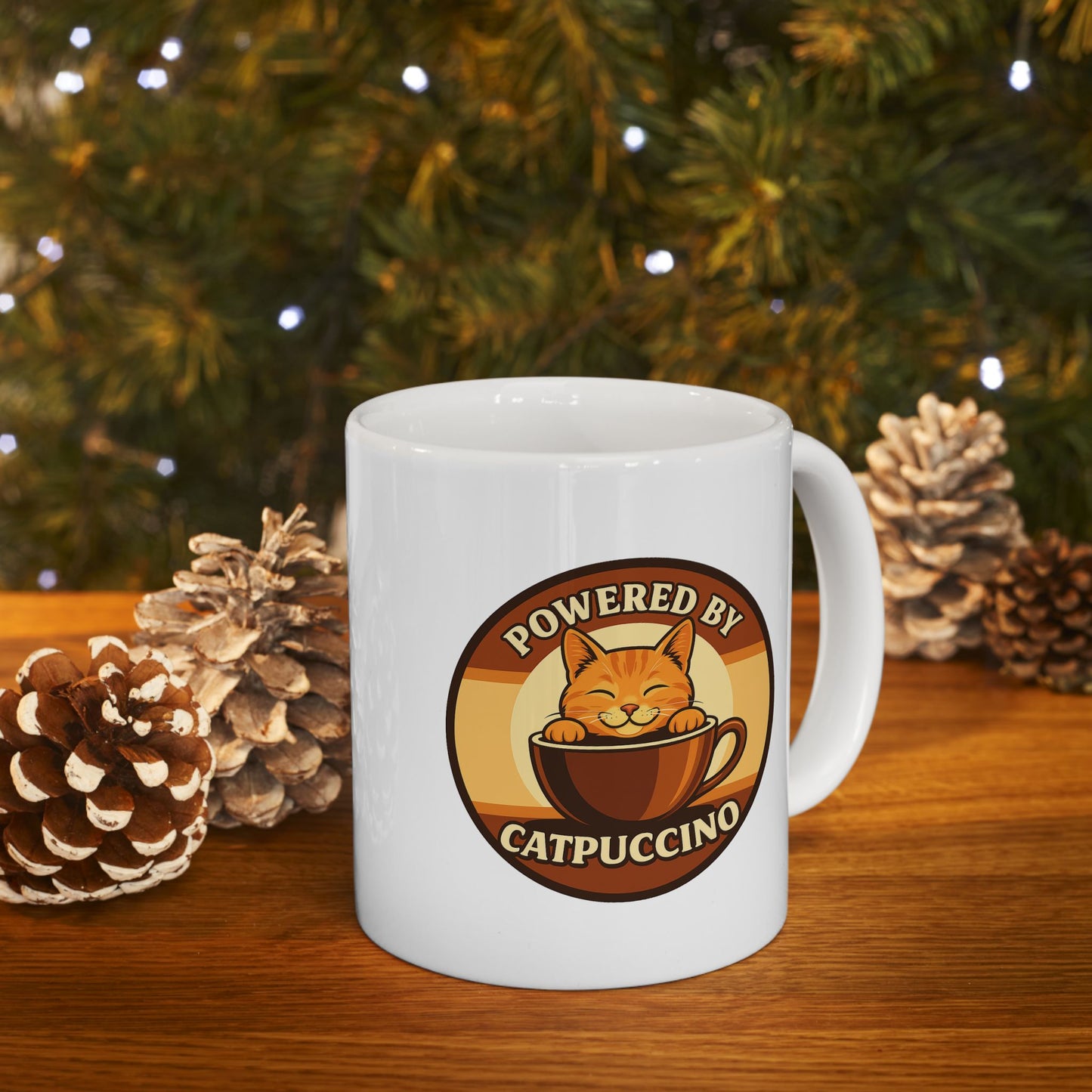 Powered by Catppuccino Coffee Lovers White Ceramic Mug, Cute Coffee Cup for Home, Office or Gift
