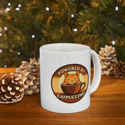 Powered by Catppuccino Coffee Lovers White Ceramic Mug, Cute Coffee Cup for Home, Office or Gift