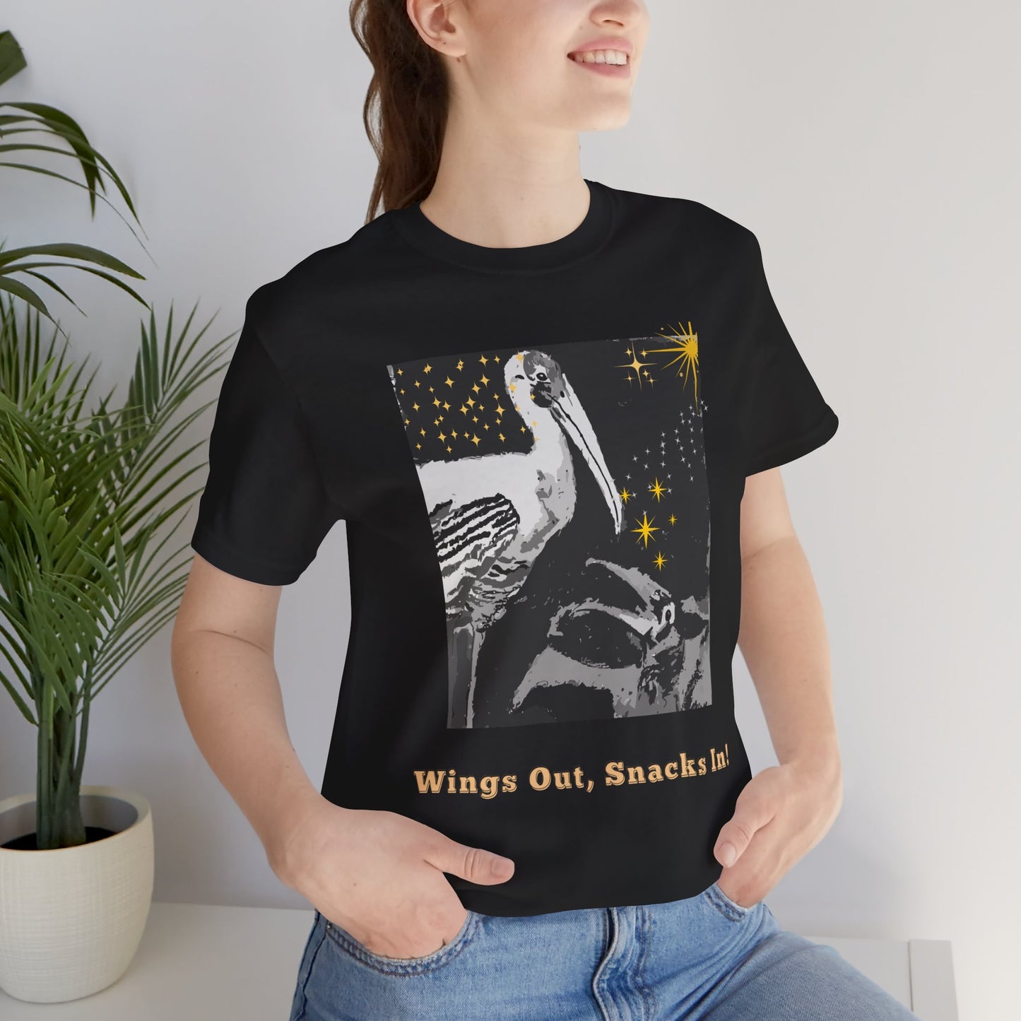 Stork Graphite- Wings Out, Snacks In Parenting Bird Tee