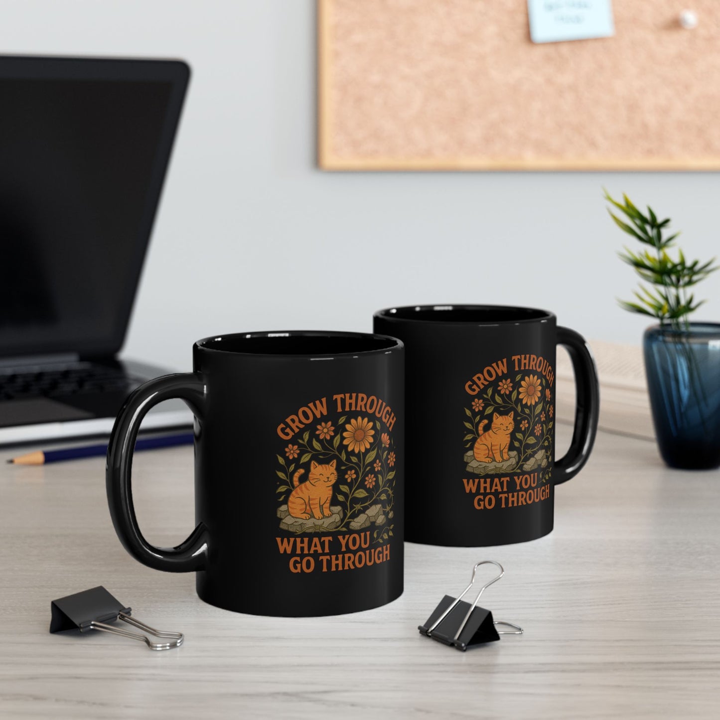 Grow Through What You Go Through Motivational Black Ceramic Cat Mug