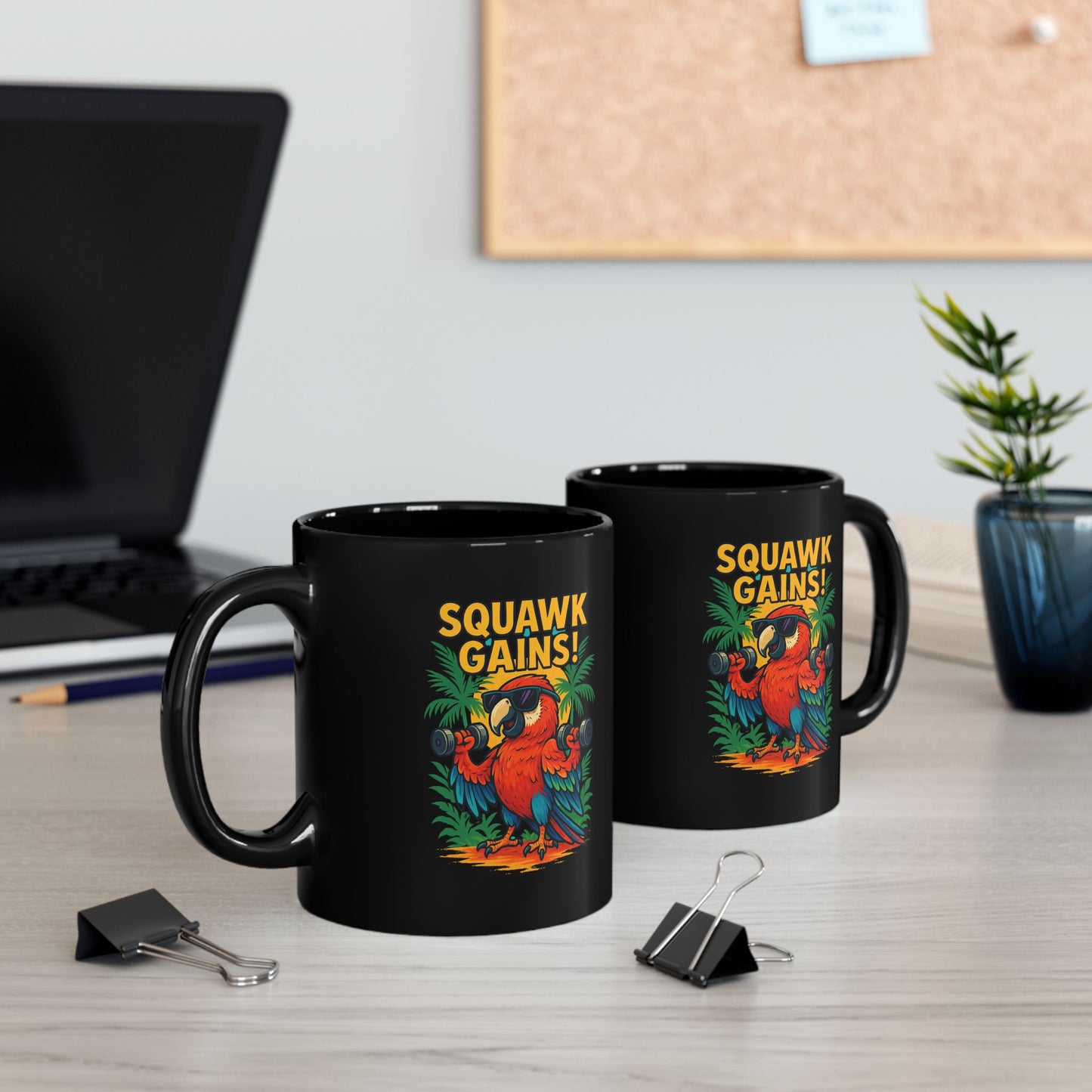 Funny Parrot Fitness Mug - "Squawk Gains!" - Black 11oz & 15oz