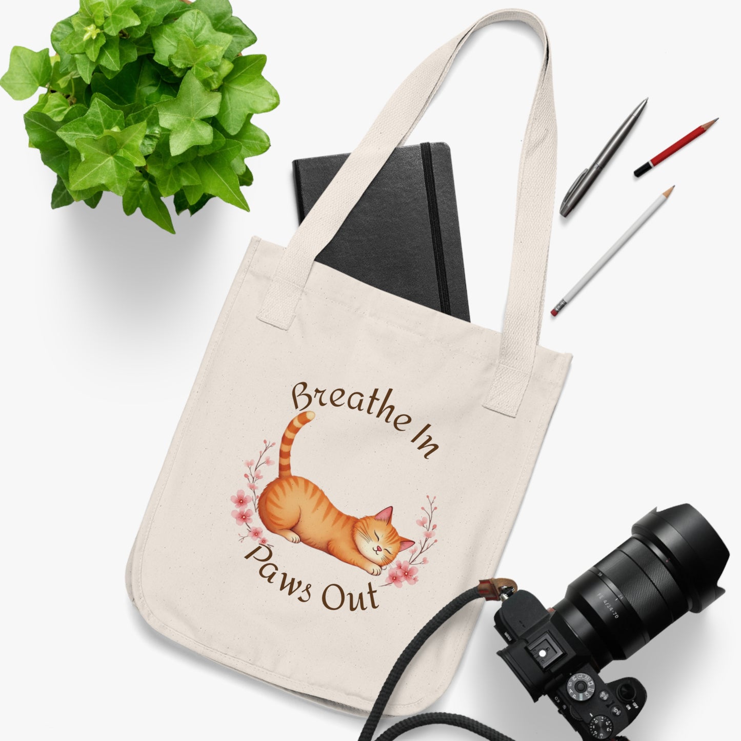 Breathe In, Paws Out Funny Orange Cat Yoga Pose Organic Canvas Tote Bag