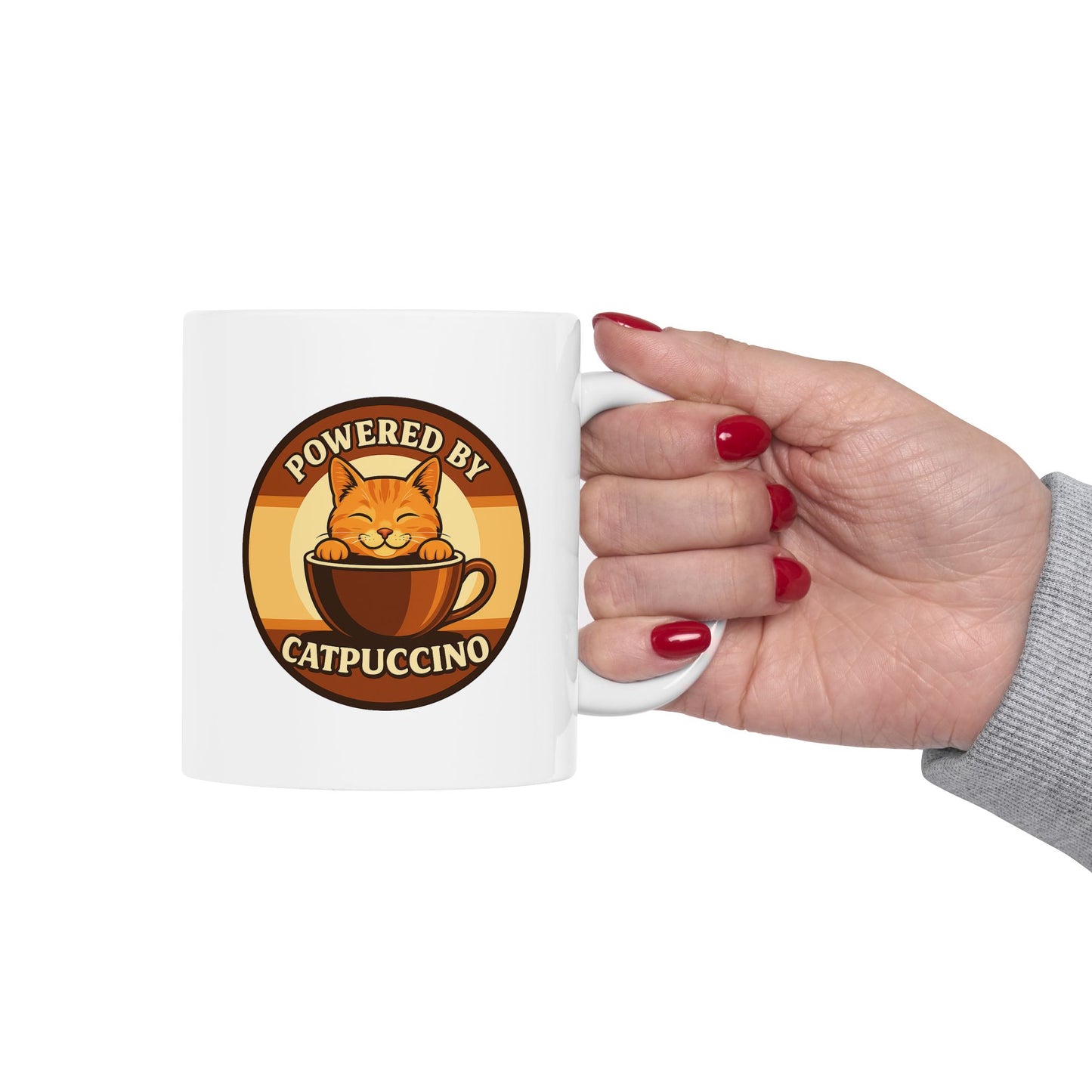 Powered by Catppuccino Coffee Lovers White Ceramic Mug, Cute Coffee Cup for Home, Office or Gift
